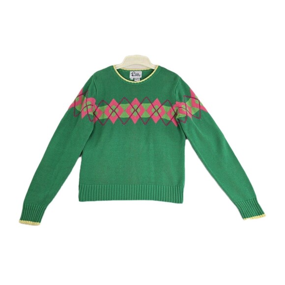 Lilly Pulitzer Sweater Womens Medium Green Argyle Crewneck Pullover Cotton - Picture 1 of 9